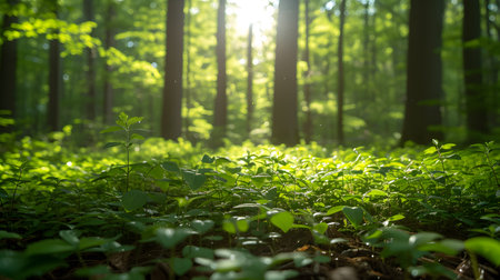 Beautiful morning in the green forest. Springtime scene. Beauty in nature.の素材