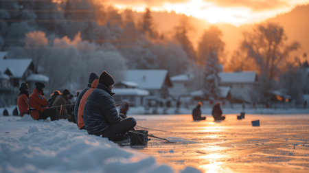 Fishermen fishing on the frozen lake in the winter at sunsetの素材
