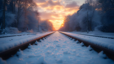 Railway tracks in the snow at sunset. Railway in winter.の素材