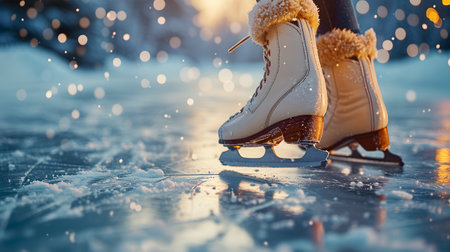 Female figure skates on ice in winter park. Close-up.の素材