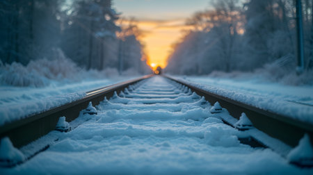 Railway in the winter forest at sunset. Railway tracks covered with snow.の素材