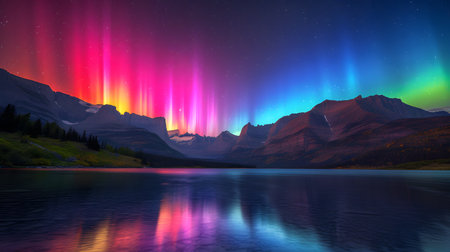 Aurora borealis over the mountain lake. 3D renderingの素材