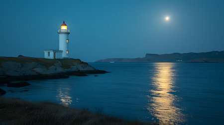 Lighthouse on the coast at night with full moon in the skyの素材