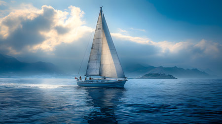 Sailing yacht in the sea at sunset time. 3d renderingの素材