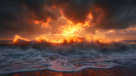 3D illustration of a beautiful sunset over the sea with dramatic cloudsの素材
