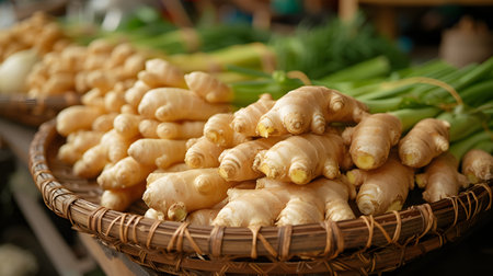 Fresh ginger on display in the market. Close up. Selective focus.の素材