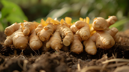 Fresh ginger on the ground in the vegetable garden. Selective focus.の素材