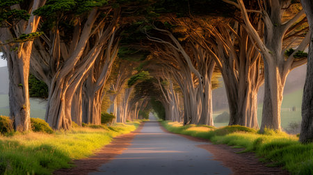 Road through cypress trees at sunset, San Francisco, California, USAの素材
