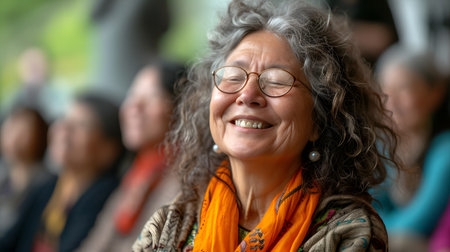 Portrait of an elderly woman with glasses in front of a crowdの素材