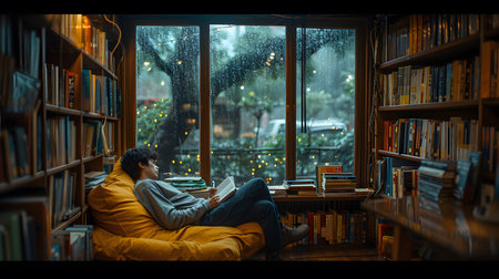 Young man reading a book in the library at night. Education concept.の素材