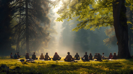 People meditating in the morning in a forest with fog and sunlightの素材
