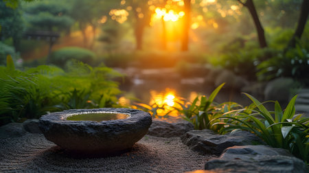 Stone bowl with hot water in the garden at sunset, Thailand.の素材
