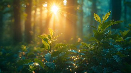 Sunlight in the green forest. Beauty nature scene with sunbeams