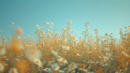Beautiful meadow with chamomile flowers in retro styleの素材