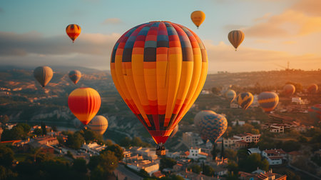Hot air balloons flying over the city at sunset. Tbilisi, Georgiaの素材