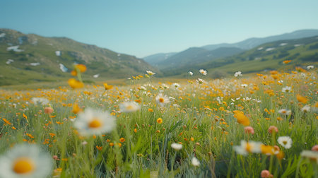 Meadow with daisies and chamomiles in the mountainsの素材