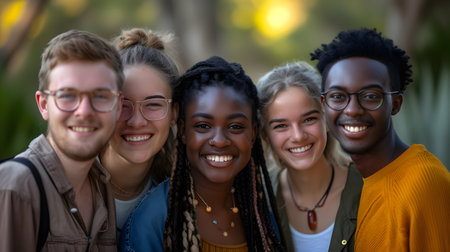 Portrait of multiethnic group of friends smiling and looking at cameraの素材