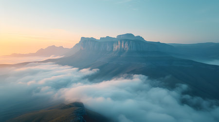 Mountain landscape with fog at sunrise. Panoramic view.の素材