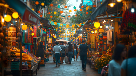 Tourists walk through the narrow street in Chinatown in Bangkok.の素材