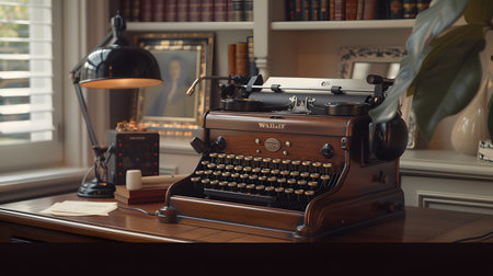 Vintage typewriter and books on a desk in a library.の素材