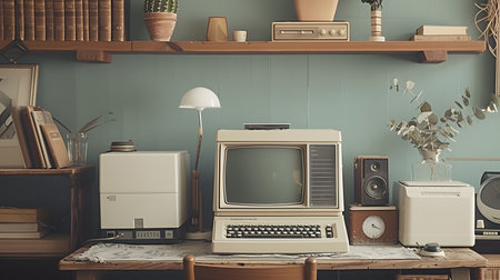 Retro styled interior design of a living room with bookshelf, bookshelf, retro tv and other items.の素材