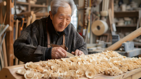 Old asian craftsman working with wood at his workplace in his workshopの素材