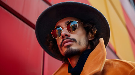 Fashionable young man in orange coat, hat and sunglasses on red background.の素材