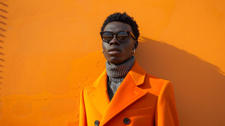 Fashionable african american woman in orange coat and sunglasses posing against orange wallの素材