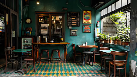 3D rendering of a vintage pub with tables, chairs and plantsの素材