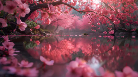 Cherry blossom sakura with reflection on the lake in spring seasonの素材