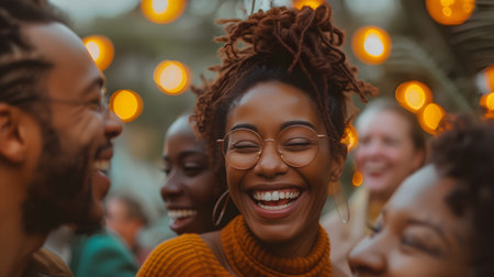 Portrait of cheerful African American friends having fun together at street partyの素材