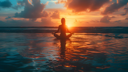 Silhouette of yoga woman meditating on the beach at sunset.の素材