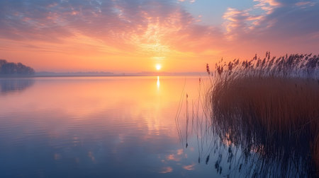 Shore of a lake at sunrise with reeds in the foregroundの素材