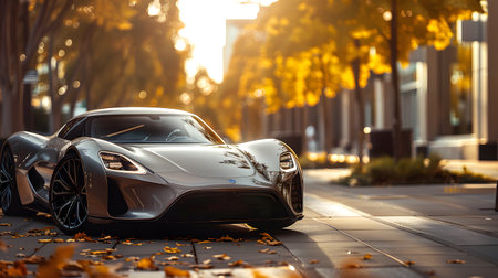 Luxury sports car on the street of the city in autumnの素材