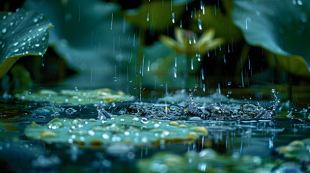 Water droplets on the surface of the water. Drops of water fall on the surface of the water.の素材
