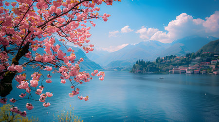 Cherry blossom at lake Como, Lombardy, Italyの素材