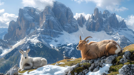 mountain goats on the background of the Dolomites, Italyの素材