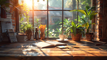 Open book and cup of coffee on wooden table in front of windowの素材