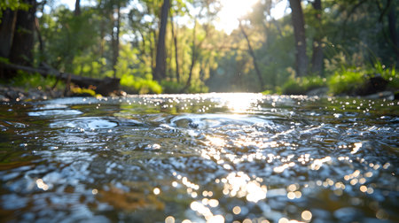 Water drops on the surface of the river in the forest at sunsetの素材