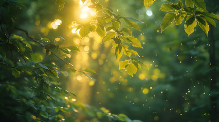 Sunlight in the green forest at summer. Beautiful nature background.の素材