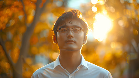 Portrait of a young Asian man in the autumn park.の素材