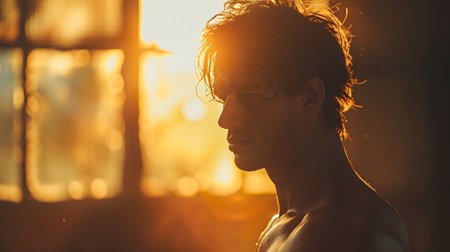 Handsome young man with wet hair in the morning sunlight.の素材