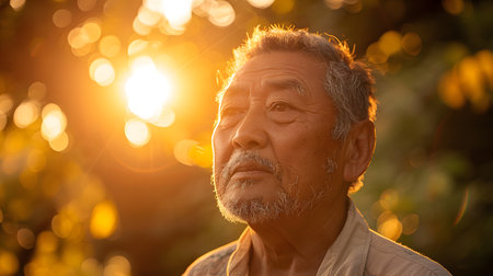 Portrait of an old Asian man in the garden at sunset.の素材
