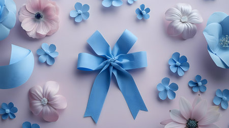 Blue ribbon and paper flowers on pastel background. Flat lay.の素材