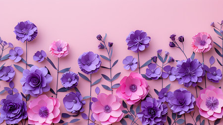 Creative layout made of paper flowers on pink background. Flat lay, top view. Nature concept.の素材
