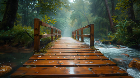 Wooden bridge in the forest with falling water drops. Nature backgroundの素材