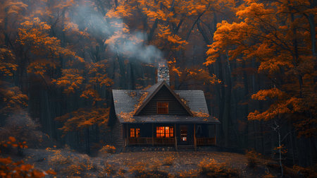 Wooden house in the autumn forest. 3D rendering. Halloween conceptの素材