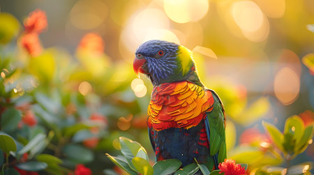 Colorful rainbow lorikeet parrot sitting on the treeの素材