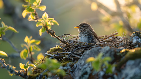 A closeup shot of a Wren bird sitting in a nestの素材