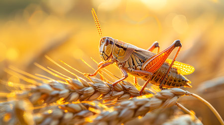 Grasshopper in the wheat field at sunset. Macro shotの素材